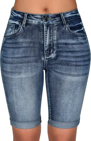 roswear Women's Mid Rise Bermuda Shorts Stretchy Long Rolled Hem Denim Jean Shorts