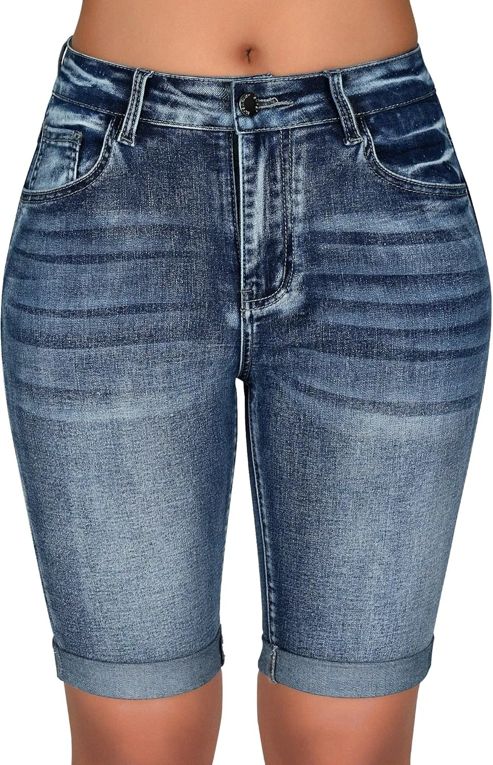 roswear Women's Mid Rise Bermuda Shorts Stretchy Long Rolled Hem Denim Jean Shorts