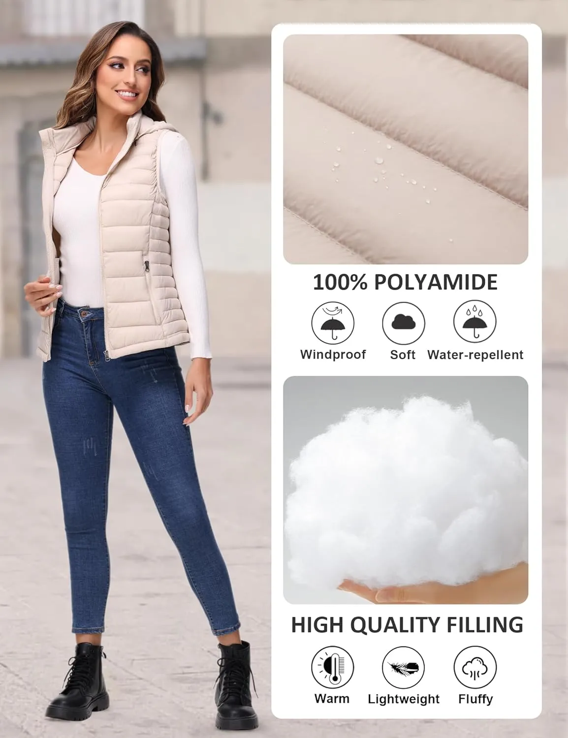 ROYAL MATRIX Packable Puffer Vest for Women Lightweight Winter Warm Puffy Vest with Detachable Hood