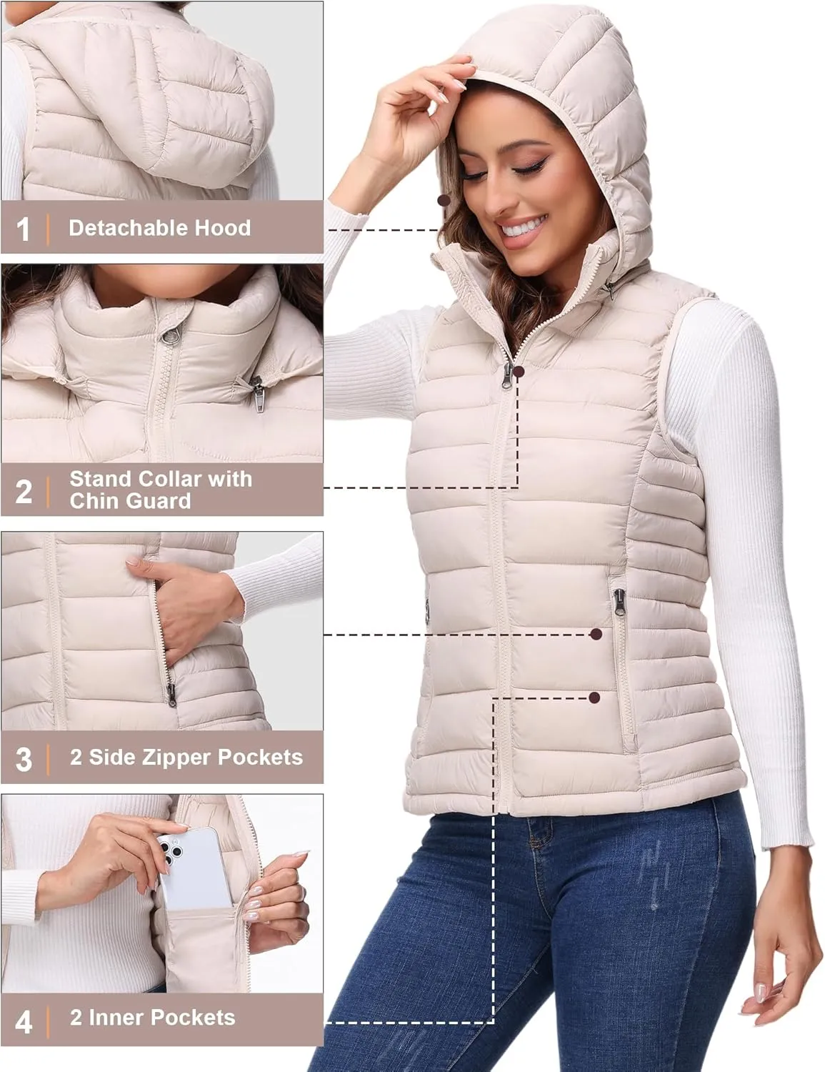 ROYAL MATRIX Packable Puffer Vest for Women Lightweight Winter Warm Puffy Vest with Detachable Hood