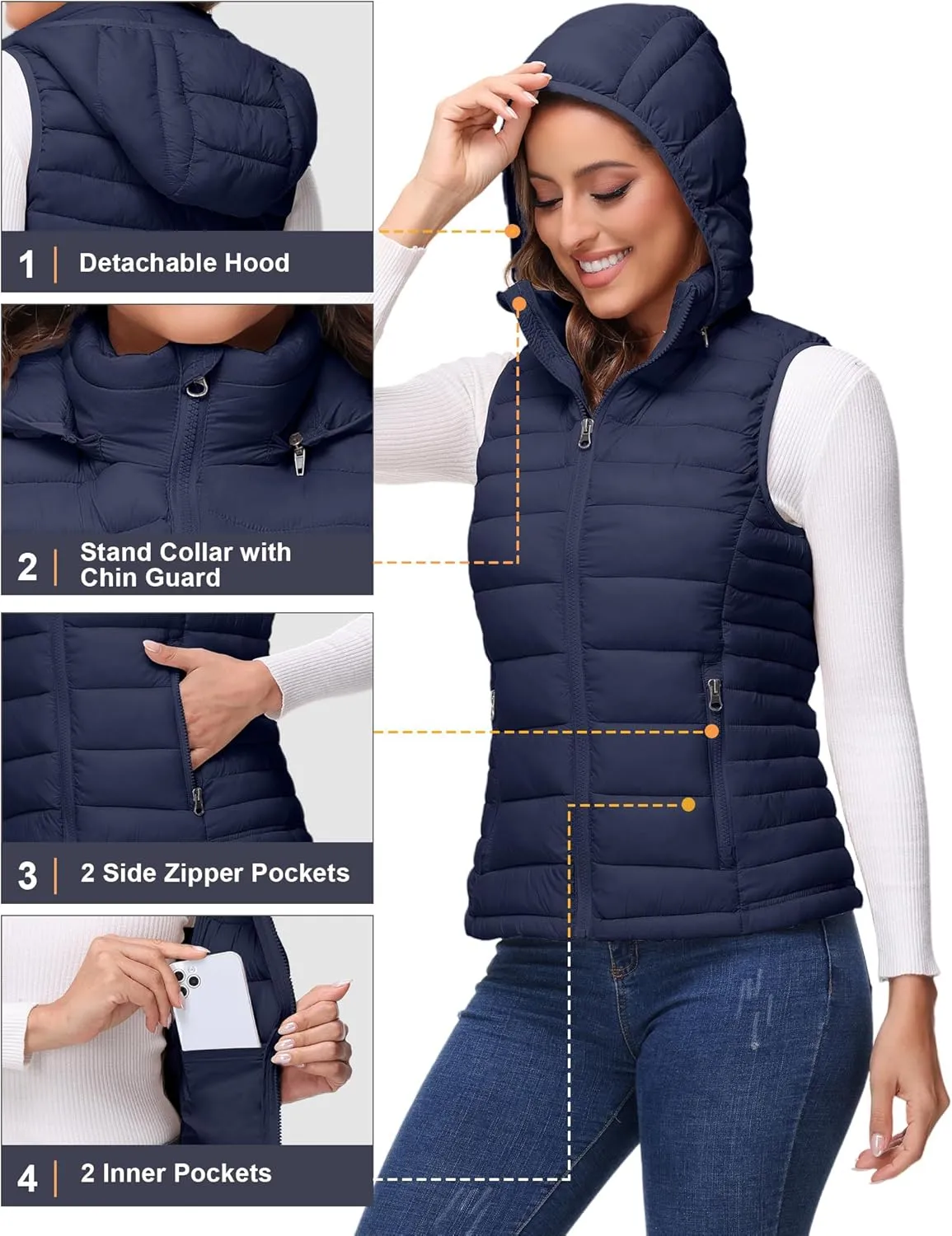 ROYAL MATRIX Packable Puffer Vest for Women Lightweight Winter Warm Puffy Vest with Detachable Hood