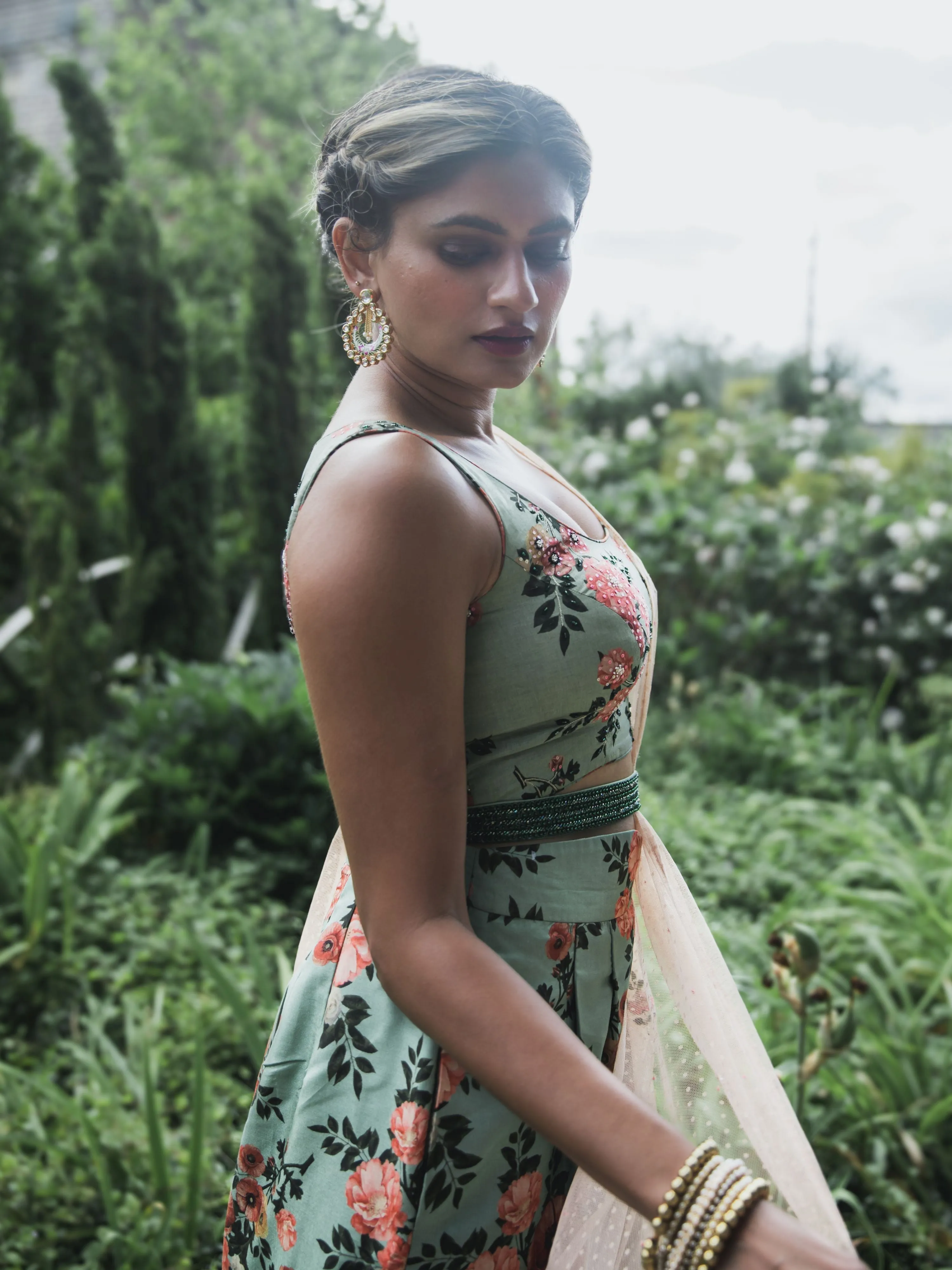 Sage green floral palazzo pants with matching crop top & half sleeve dupatta
