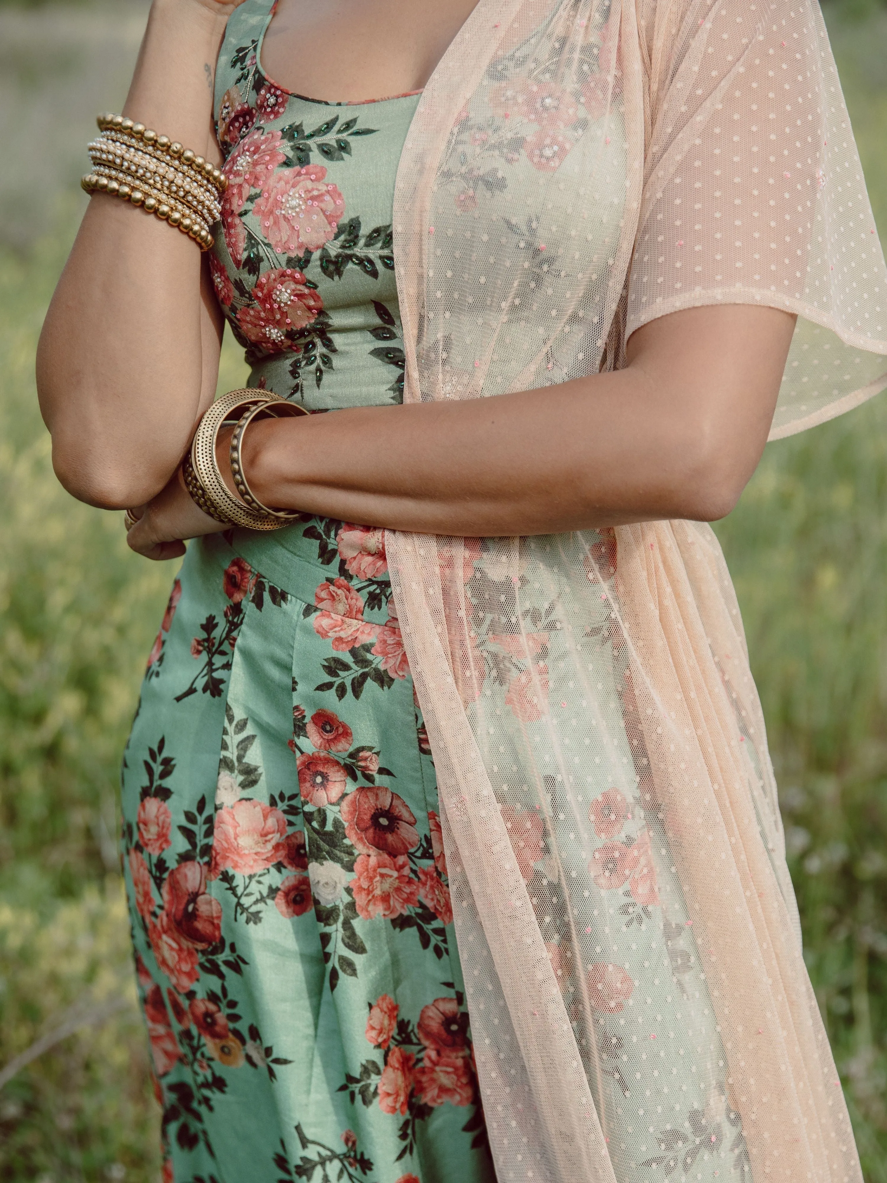 Sage green floral palazzo pants with matching crop top & half sleeve dupatta