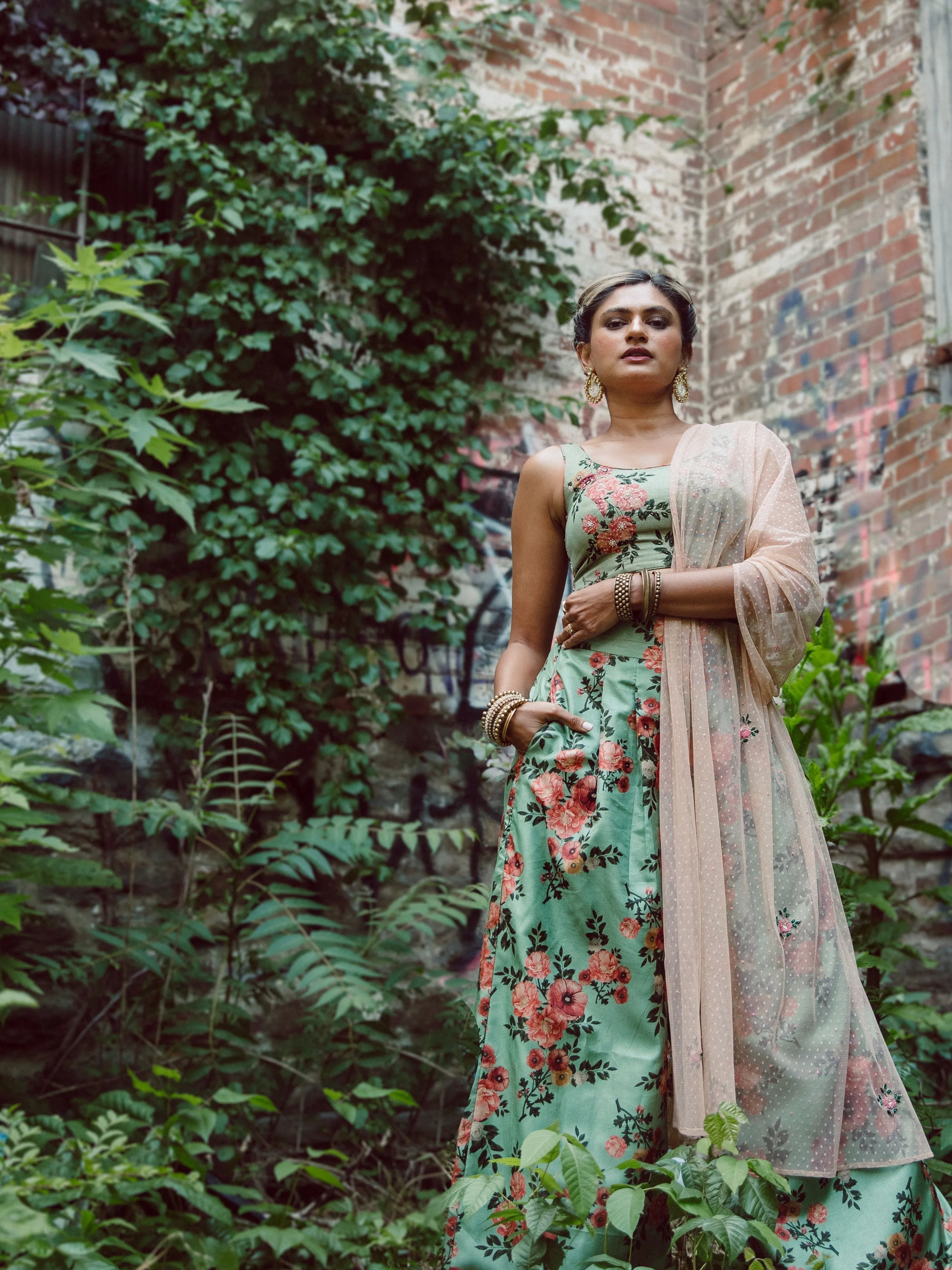 Sage green floral palazzo pants with matching crop top & half sleeve dupatta