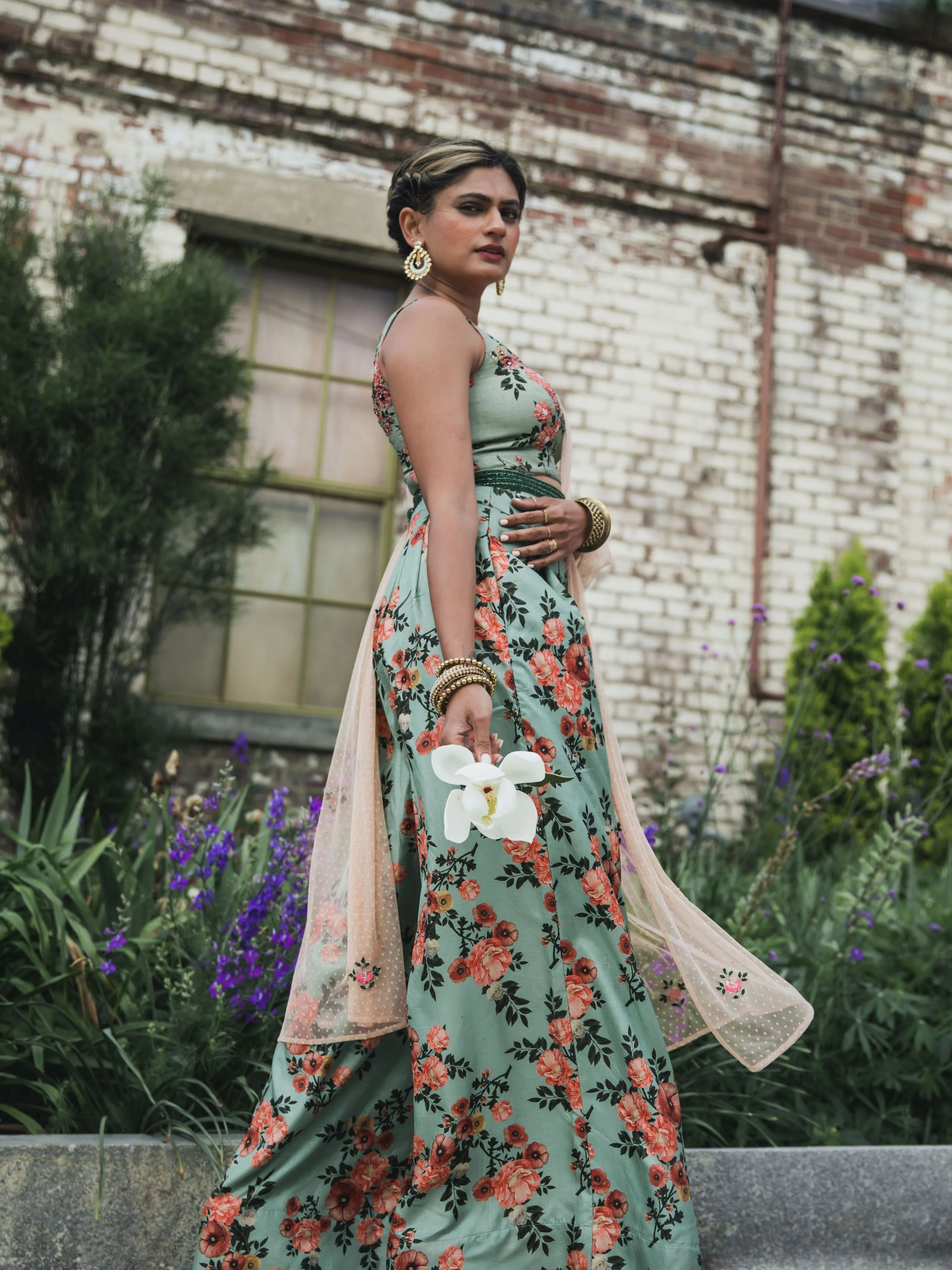 Sage green floral palazzo pants with matching crop top & half sleeve dupatta