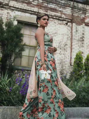 Sage green floral palazzo pants with matching crop top & half sleeve dupatta