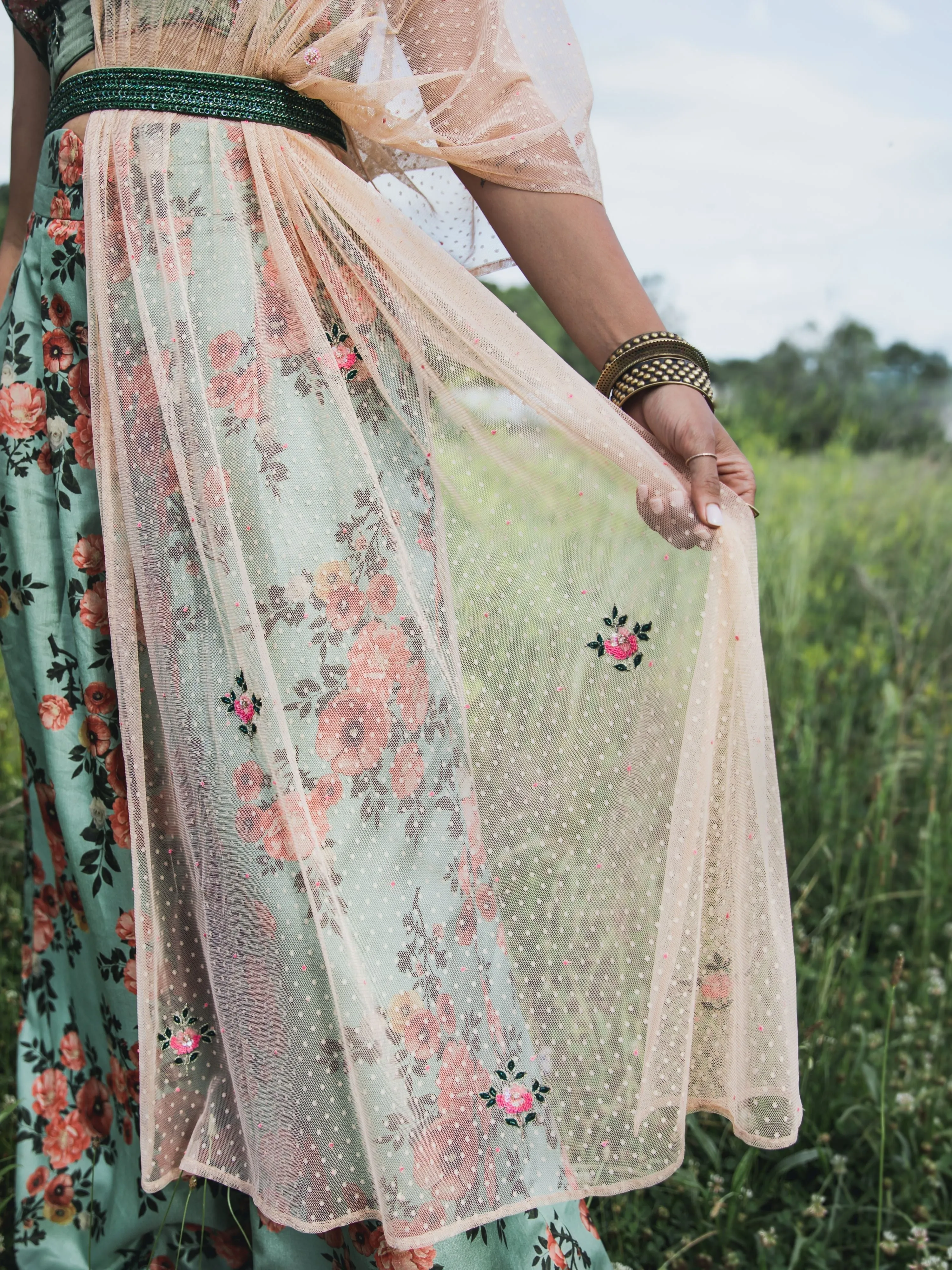Sage green floral palazzo pants with matching crop top & half sleeve dupatta