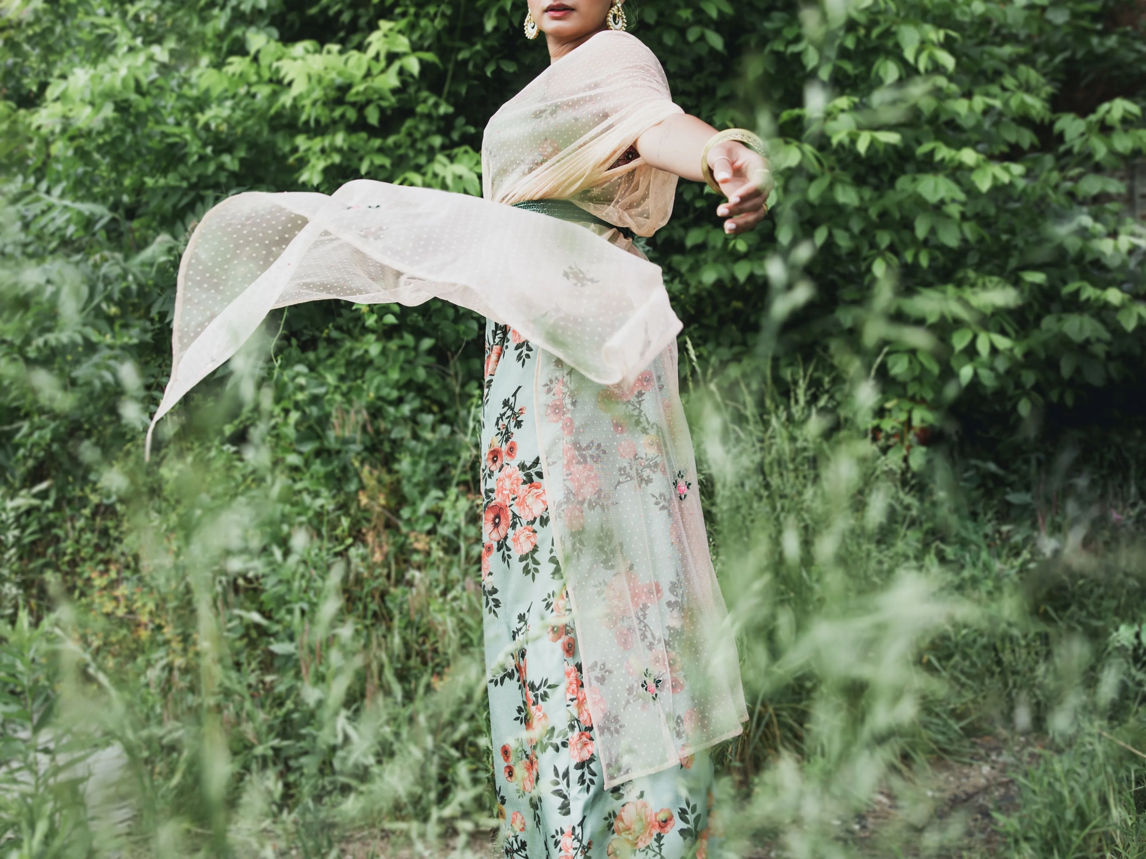 Sage green floral palazzo pants with matching crop top & half sleeve dupatta