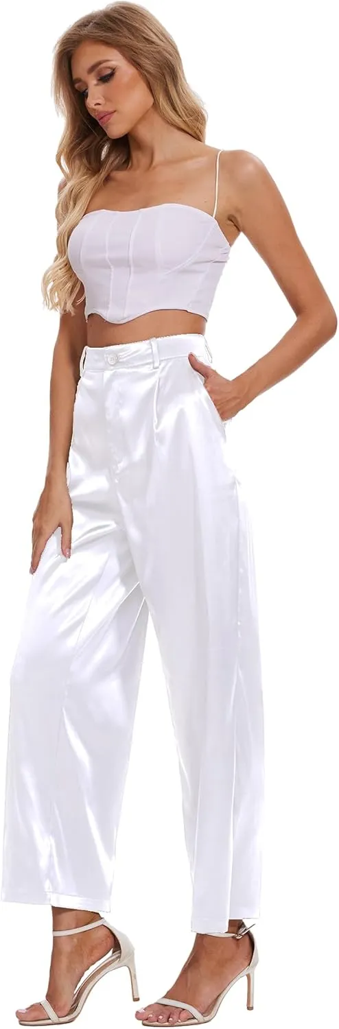 Satin Pants for Women High Waist Wide Leg Dress Casual Silk Disco Pants with Pockets