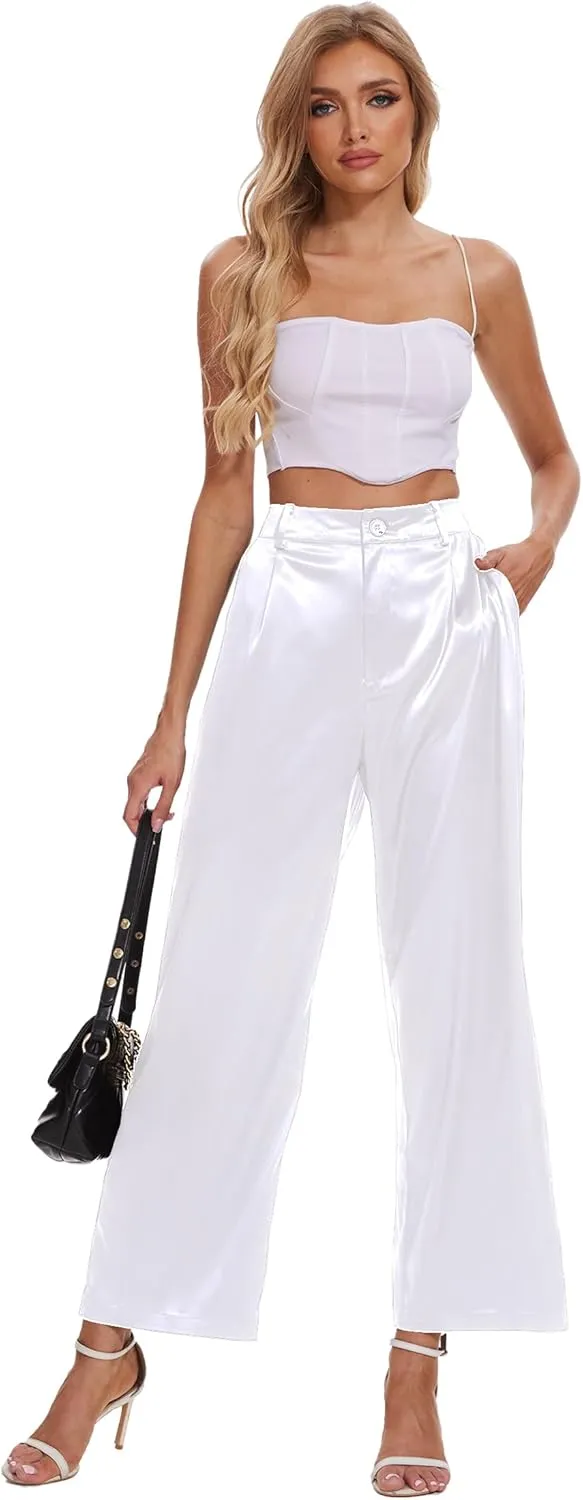 Satin Pants for Women High Waist Wide Leg Dress Casual Silk Disco Pants with Pockets
