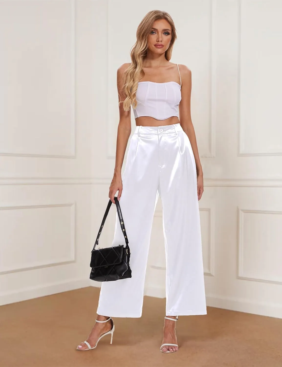 Satin Pants for Women High Waist Wide Leg Dress Casual Silk Disco Pants with Pockets