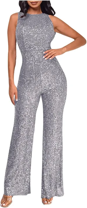 Sequin Halter Jumpsuit for Women Y2K Fashion Streetwear Athletic Dressy Party Romper Sexy Sleeveless V Neck Overalls