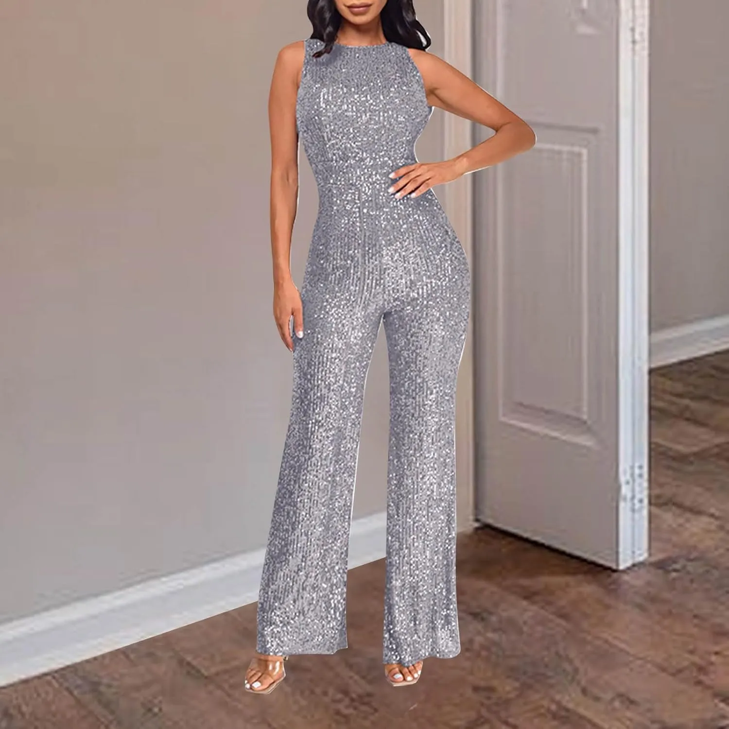 Sequin Halter Jumpsuit for Women Y2K Fashion Streetwear Athletic Dressy Party Romper Sexy Sleeveless V Neck Overalls