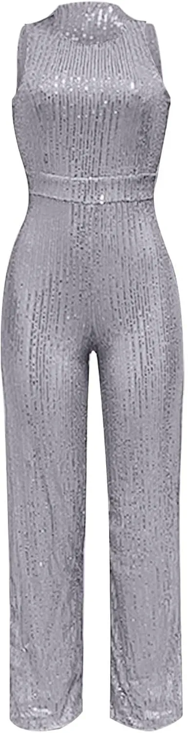 Sequin Halter Jumpsuit for Women Y2K Fashion Streetwear Athletic Dressy Party Romper Sexy Sleeveless V Neck Overalls