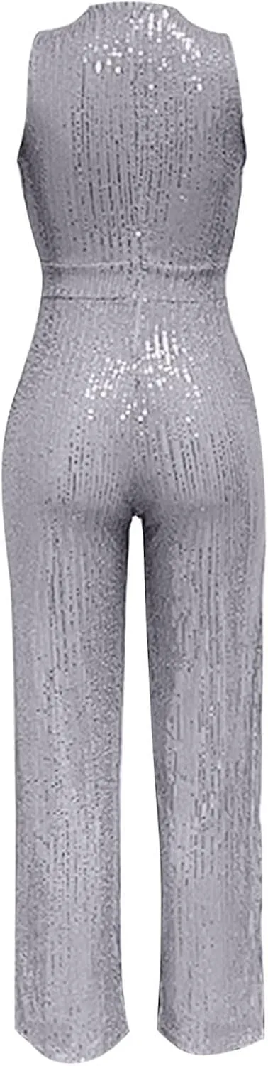 Sequin Halter Jumpsuit for Women Y2K Fashion Streetwear Athletic Dressy Party Romper Sexy Sleeveless V Neck Overalls