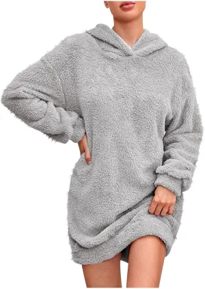 Sherpa Hoodie Dress for Women Cute Fuzzy Long Sleeve Sweatshirt Dress Casual Mini Sweater Dress Soft Loungewear