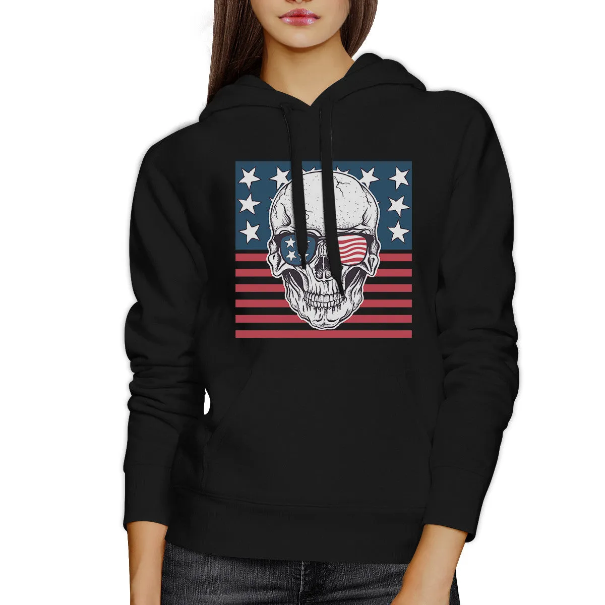 Skull American Flag Unisex Black Hoodie Round Neck Pullover Fleece