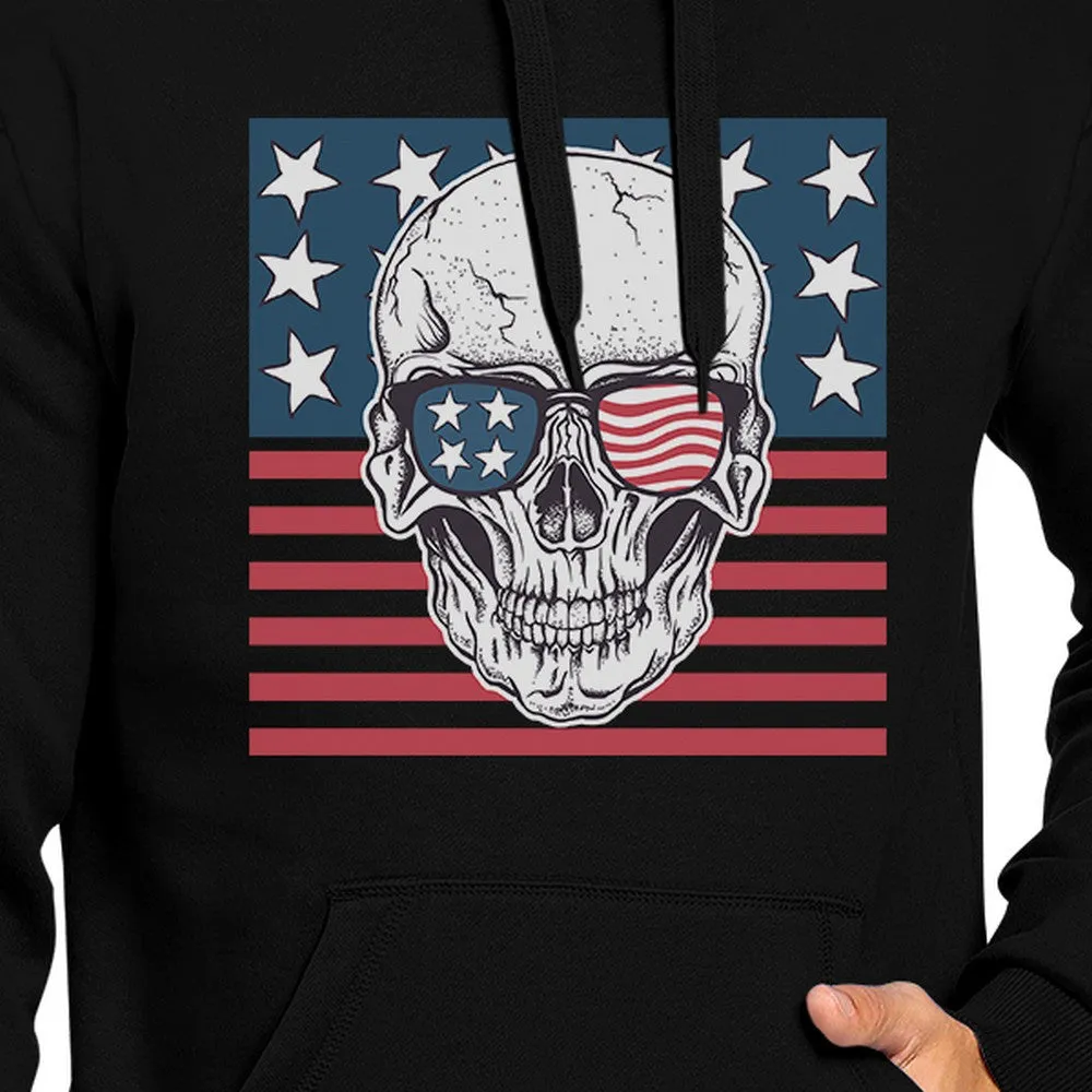 Skull American Flag Unisex Black Hoodie Round Neck Pullover Fleece