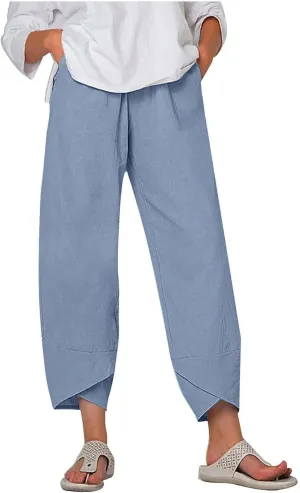 SMIDOW Capri Pants for Women Cotton Linen Wide Leg Capris Casual Summer Cropped Pants Beach Elastic Waist Baggy Crop Trousers