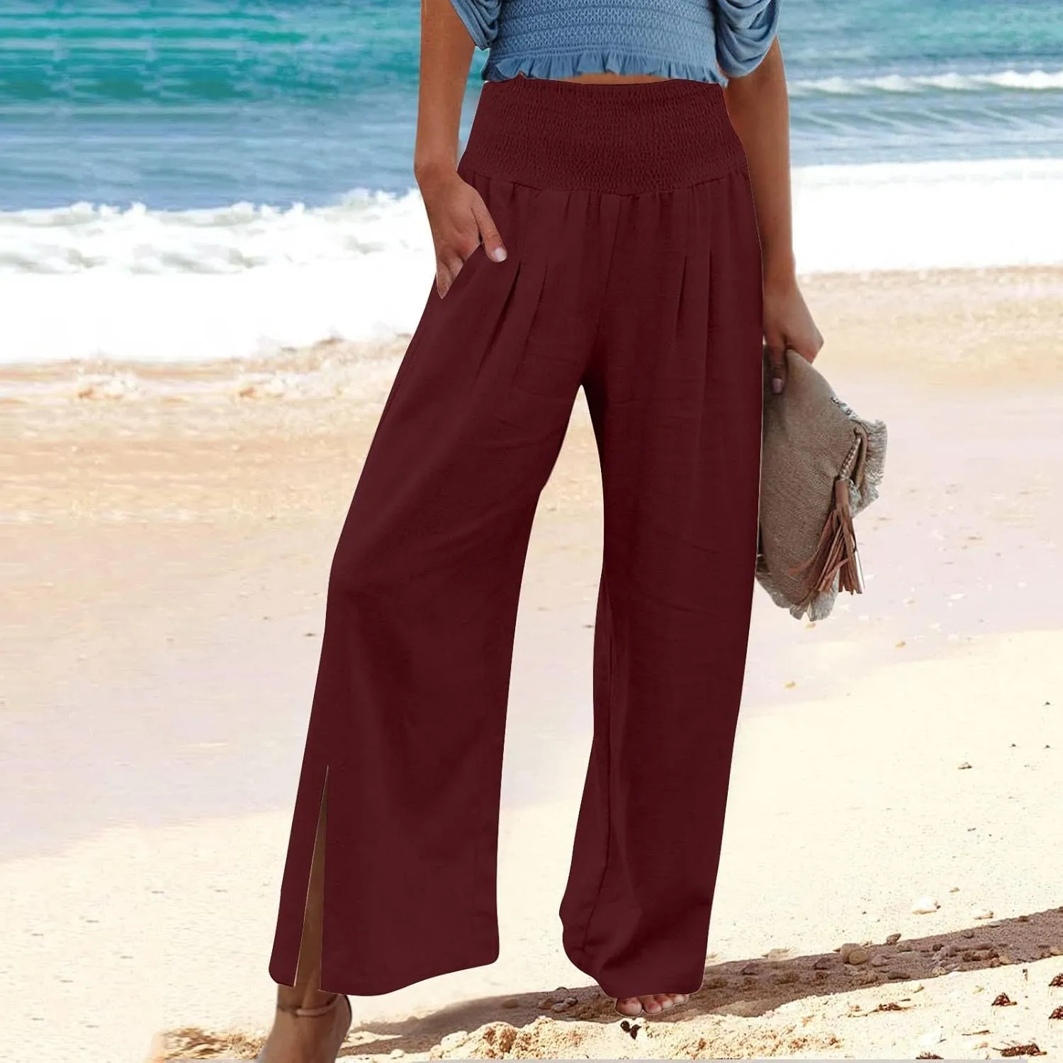 SMIDOW High Waist Wide Leg Cotton Linen Pants for Women Casual Loose Flowy Long Lounge Pant with Slit Flowy Trousers