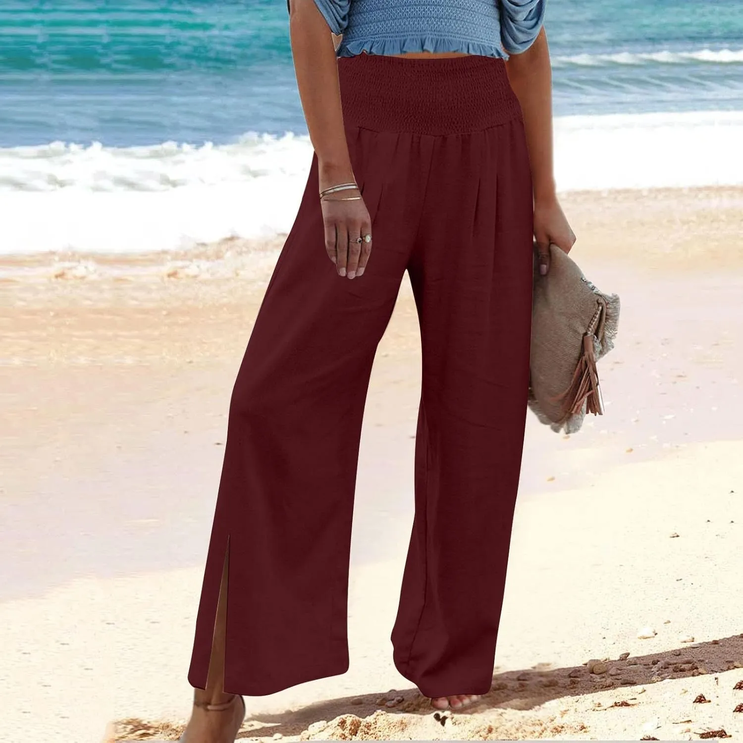 SMIDOW High Waist Wide Leg Cotton Linen Pants for Women Casual Loose Flowy Long Lounge Pant with Slit Flowy Trousers