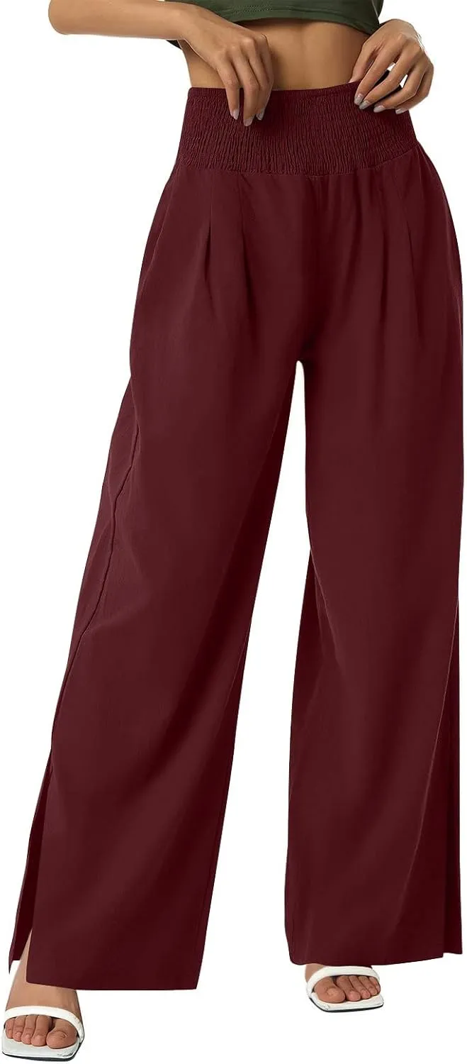 SMIDOW High Waist Wide Leg Cotton Linen Pants for Women Casual Loose Flowy Long Lounge Pant with Slit Flowy Trousers