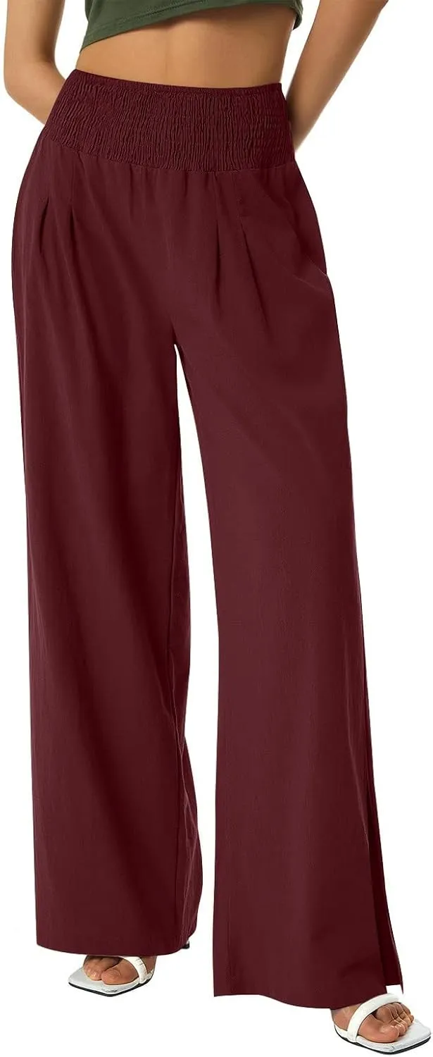 SMIDOW High Waist Wide Leg Cotton Linen Pants for Women Casual Loose Flowy Long Lounge Pant with Slit Flowy Trousers