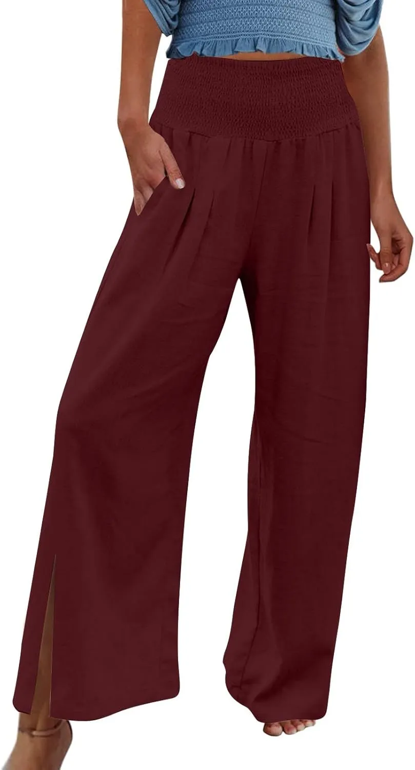 SMIDOW High Waist Wide Leg Cotton Linen Pants for Women Casual Loose Flowy Long Lounge Pant with Slit Flowy Trousers