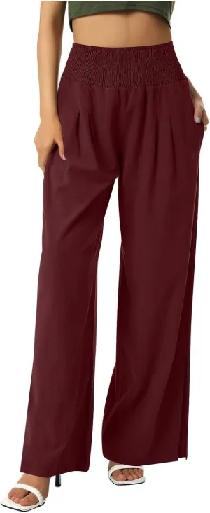SMIDOW High Waist Wide Leg Cotton Linen Pants for Women Casual Loose Flowy Long Lounge Pant with Slit Flowy Trousers