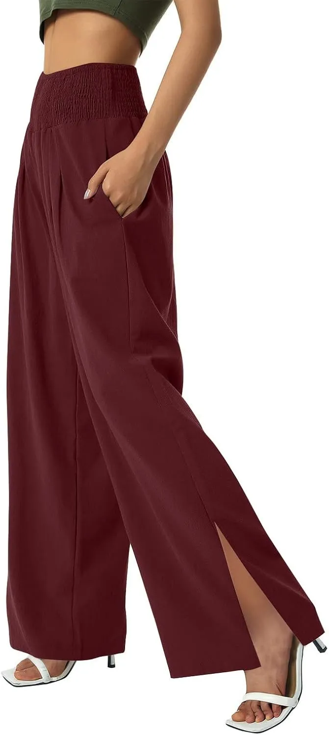 SMIDOW High Waist Wide Leg Cotton Linen Pants for Women Casual Loose Flowy Long Lounge Pant with Slit Flowy Trousers