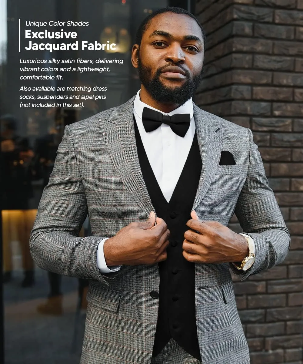 Solid Suit Vest for Men Set of 4 - Vest, Tie, Bow Tie & Pocket Square (Black Back)