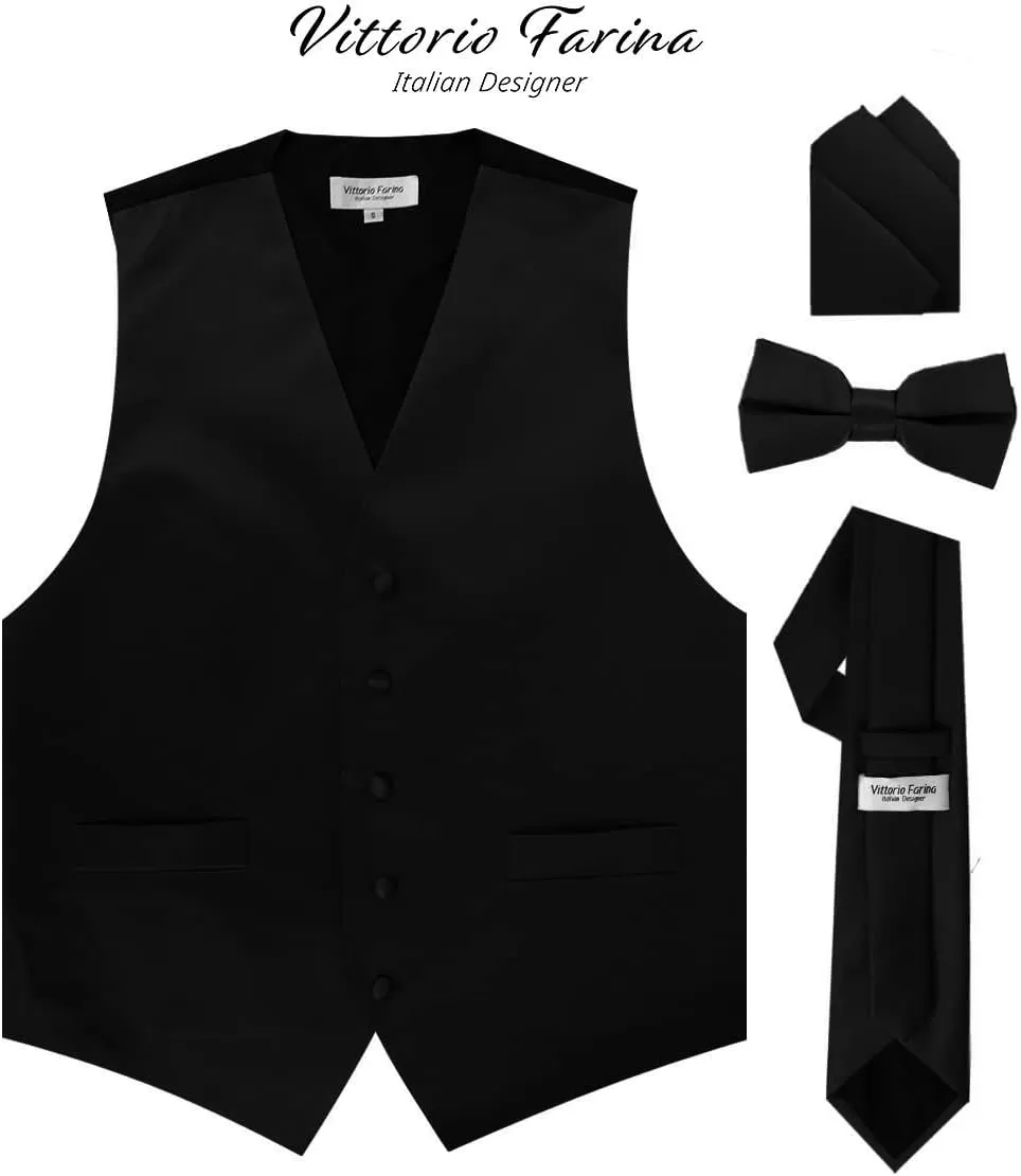 Solid Suit Vest for Men Set of 4 - Vest, Tie, Bow Tie & Pocket Square (Black Back)