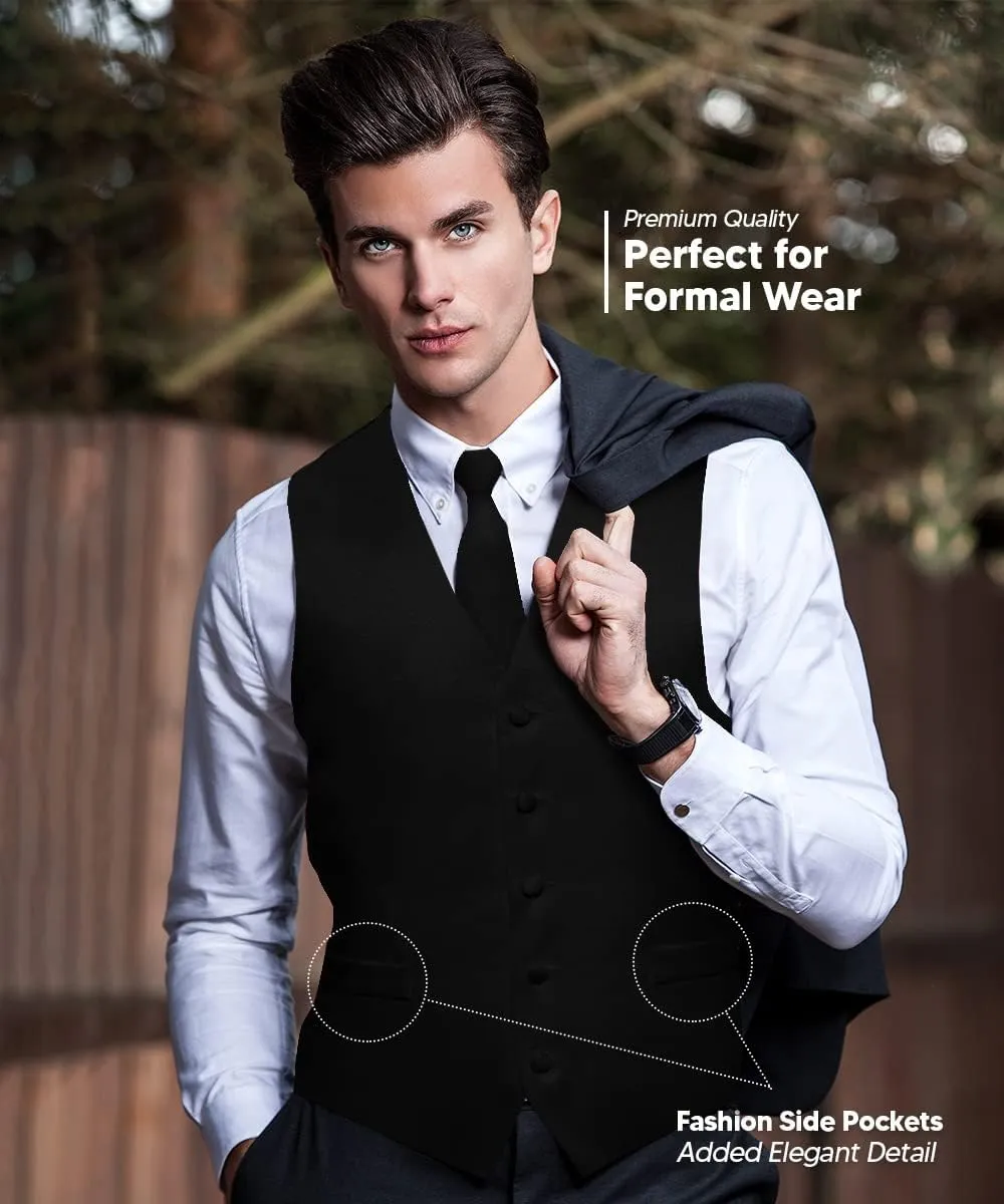 Solid Suit Vest for Men Set of 4 - Vest, Tie, Bow Tie & Pocket Square (Black Back)