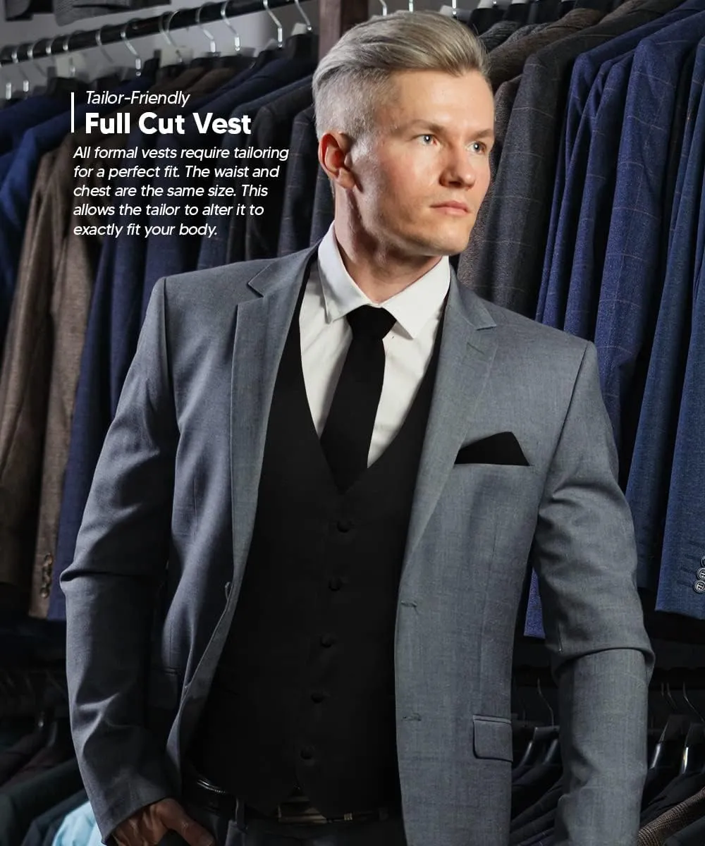 Solid Suit Vest for Men Set of 4 - Vest, Tie, Bow Tie & Pocket Square (Black Back)