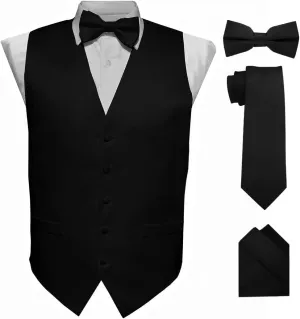 Solid Suit Vest for Men Set of 4 - Vest, Tie, Bow Tie & Pocket Square (Black Back)