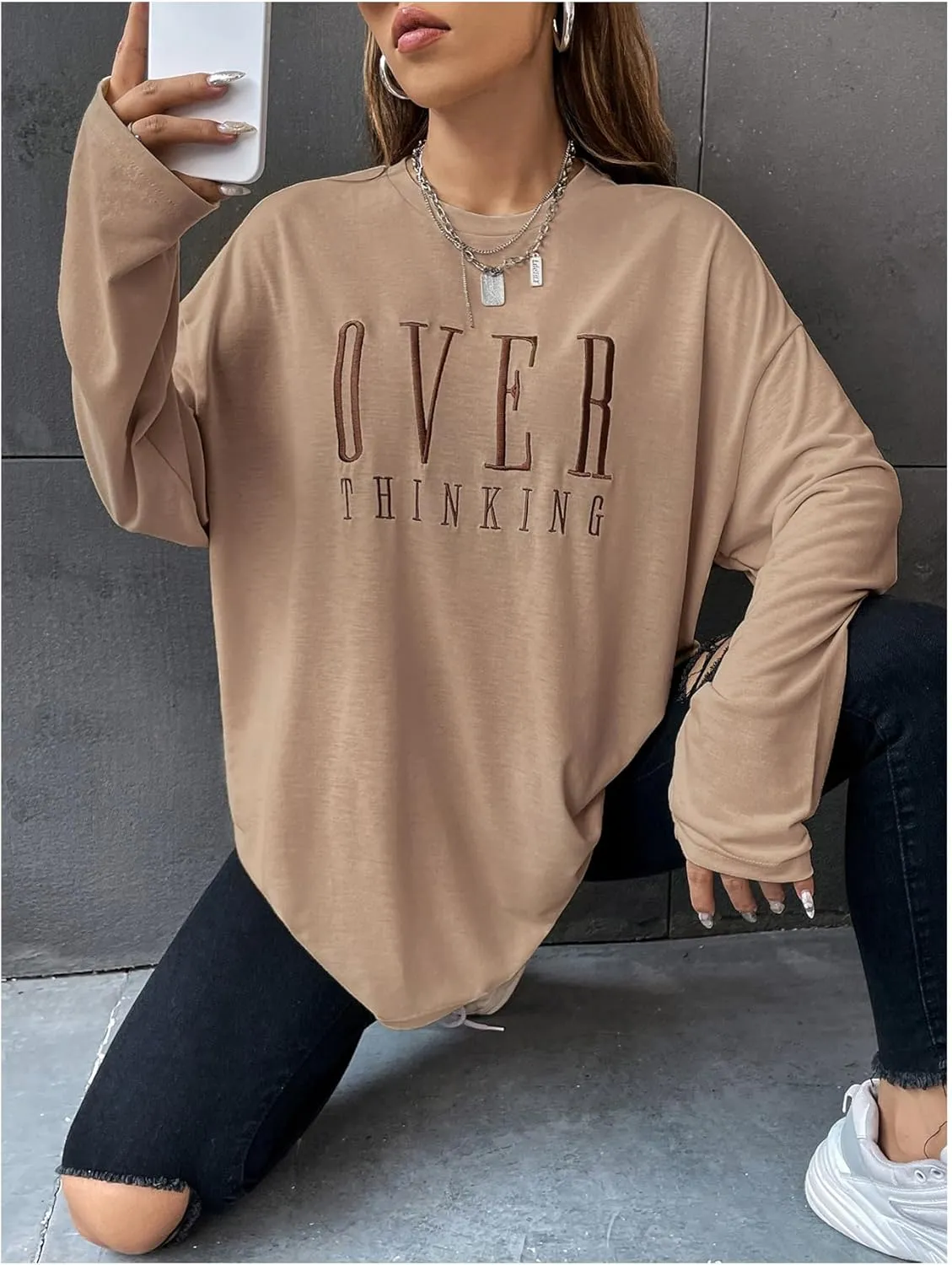 SOLY HUX Women's Letter Embroidered T Shirt Crew Neck Long Sleeve Oversized Dressy Casual Tee Tops