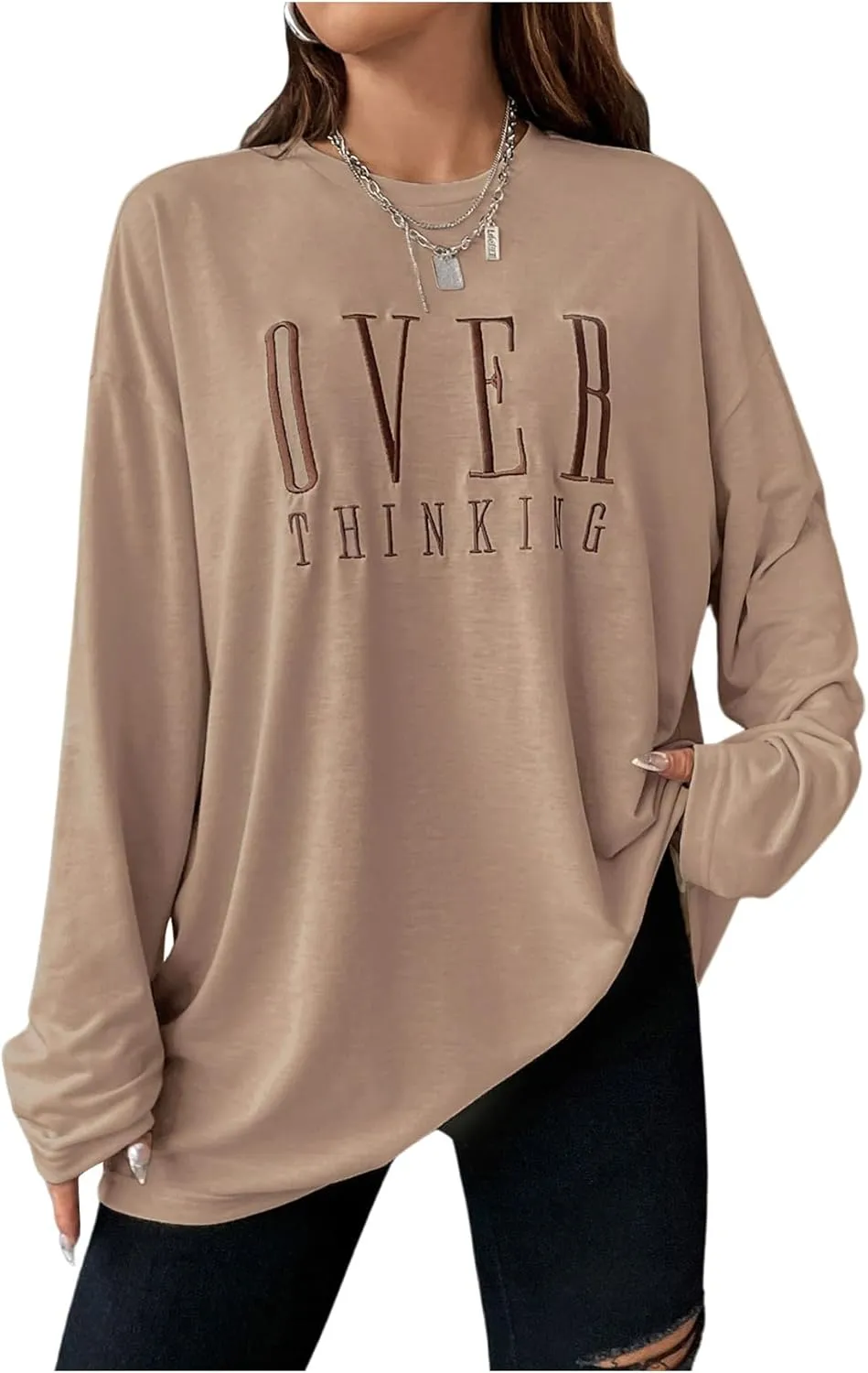 SOLY HUX Women's Letter Embroidered T Shirt Crew Neck Long Sleeve Oversized Dressy Casual Tee Tops