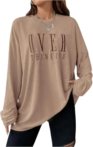 SOLY HUX Women's Letter Embroidered T Shirt Crew Neck Long Sleeve Oversized Dressy Casual Tee Tops