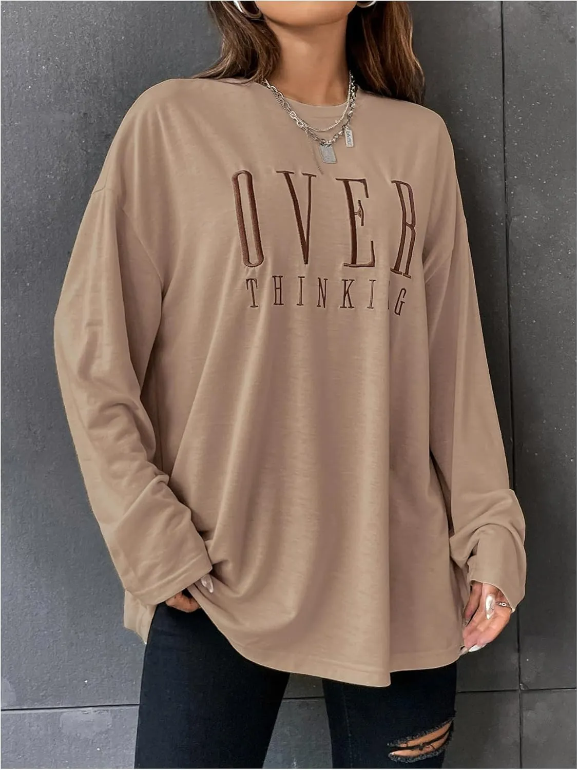 SOLY HUX Women's Letter Embroidered T Shirt Crew Neck Long Sleeve Oversized Dressy Casual Tee Tops