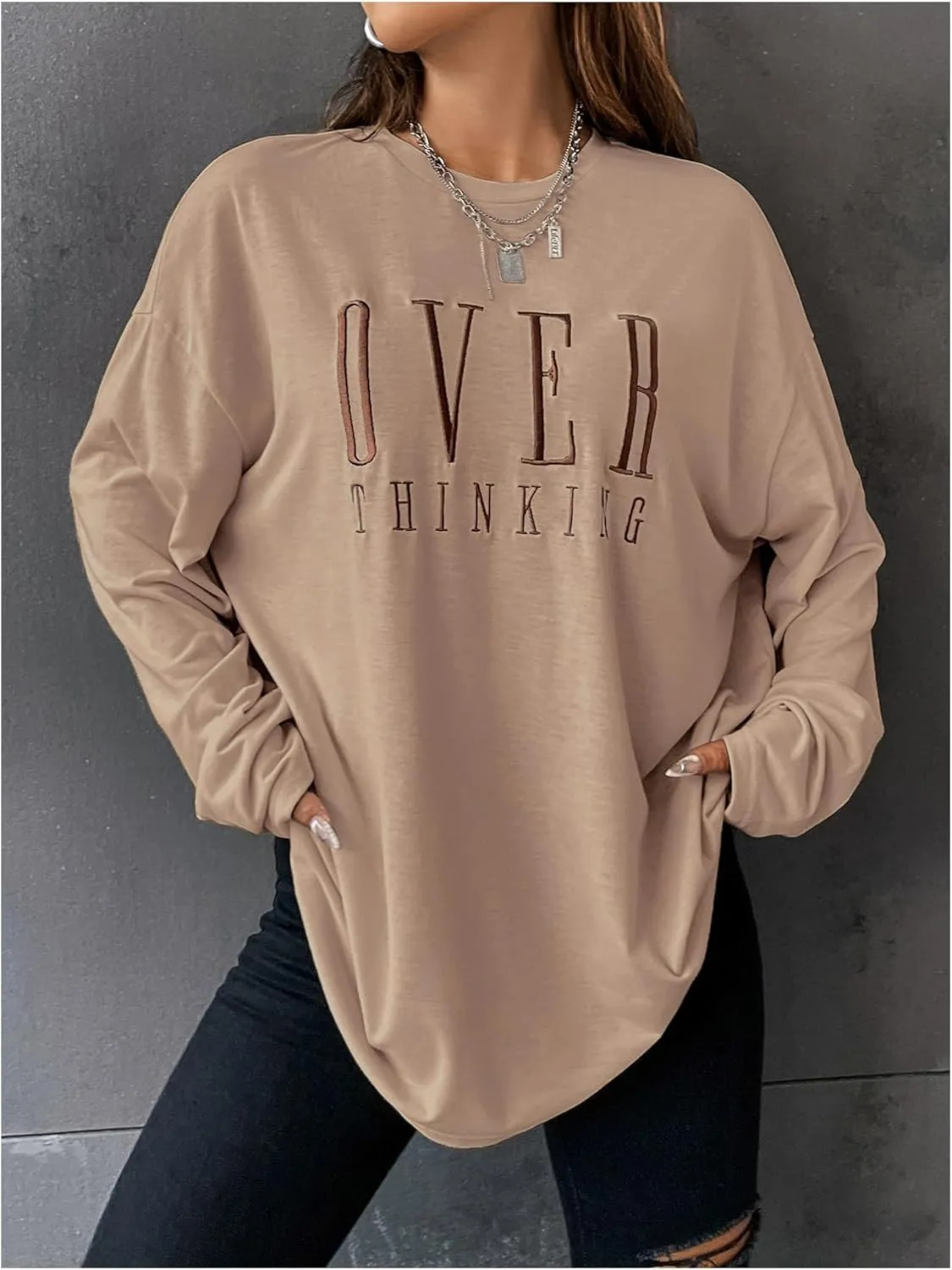 SOLY HUX Women's Letter Embroidered T Shirt Crew Neck Long Sleeve Oversized Dressy Casual Tee Tops