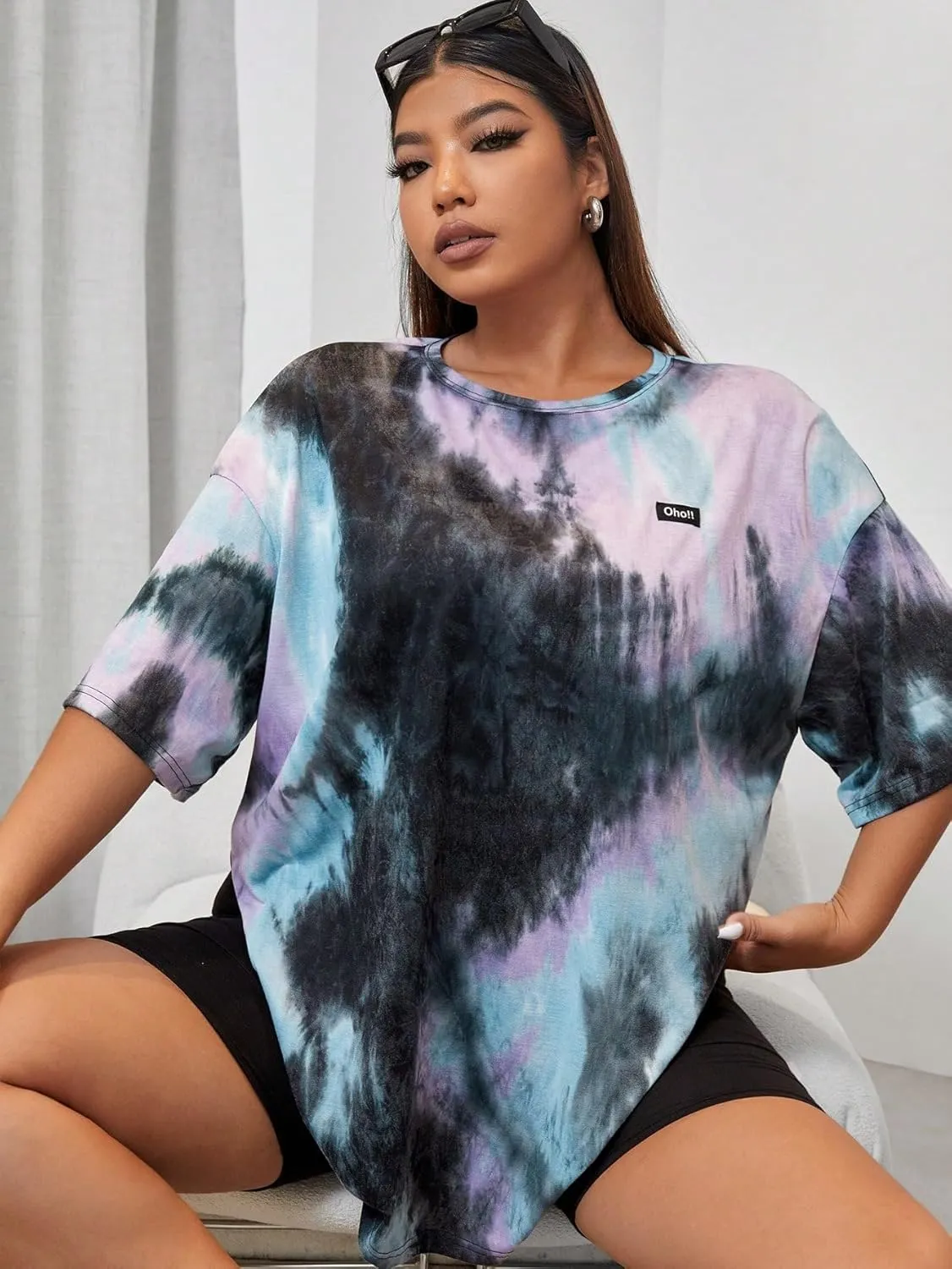 SOLY HUX Women's Plus Tie Dye Letter Drop Shoulder Half Sleeve Casual Tee Oversized T Shirt