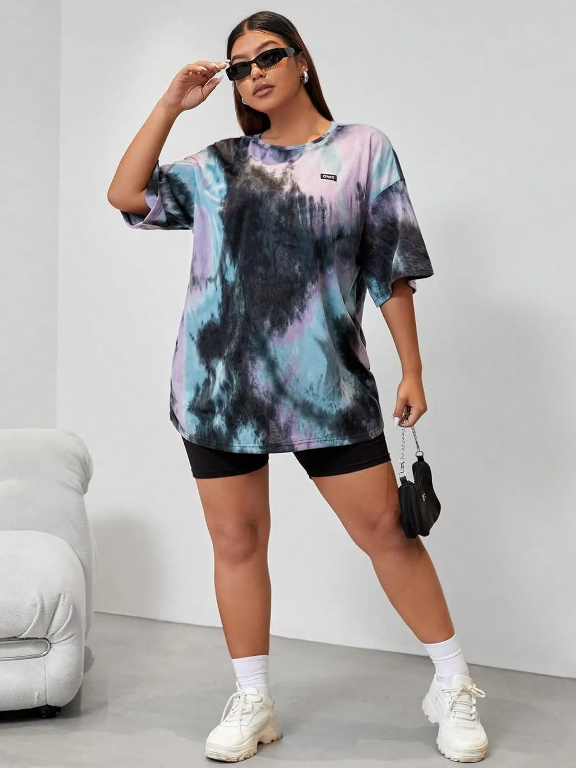 SOLY HUX Women's Plus Tie Dye Letter Drop Shoulder Half Sleeve Casual Tee Oversized T Shirt