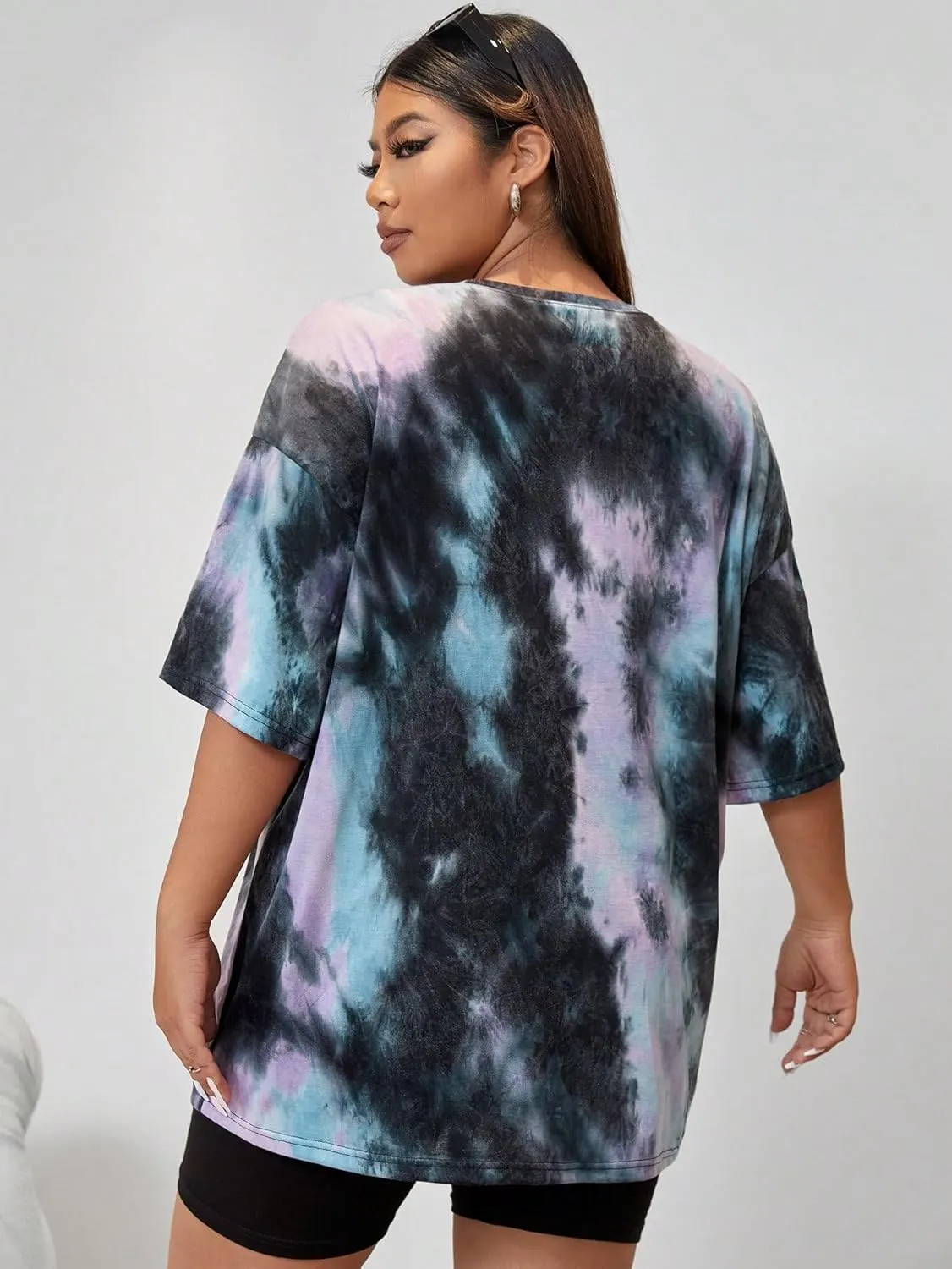 SOLY HUX Women's Plus Tie Dye Letter Drop Shoulder Half Sleeve Casual Tee Oversized T Shirt