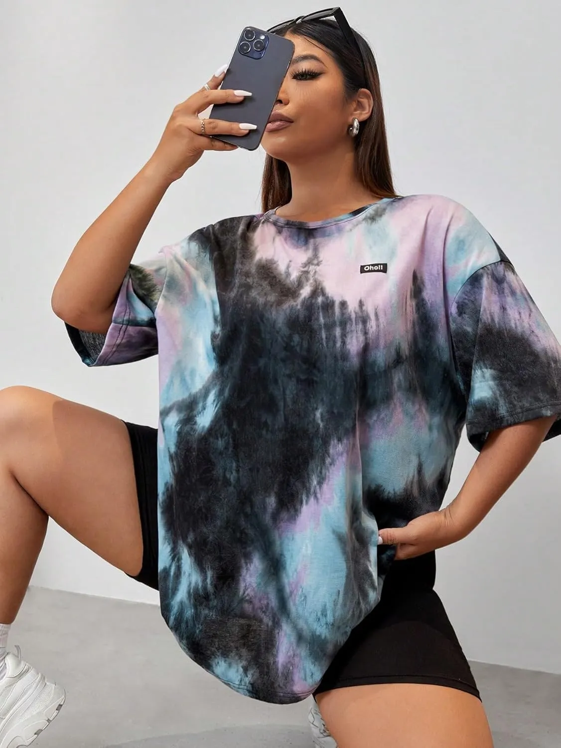 SOLY HUX Women's Plus Tie Dye Letter Drop Shoulder Half Sleeve Casual Tee Oversized T Shirt