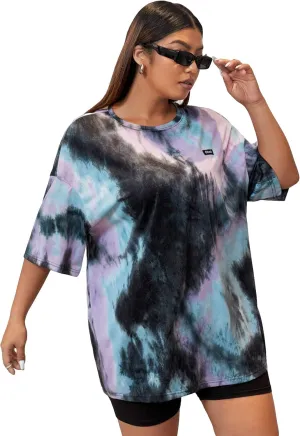 SOLY HUX Women's Plus Tie Dye Letter Drop Shoulder Half Sleeve Casual Tee Oversized T Shirt