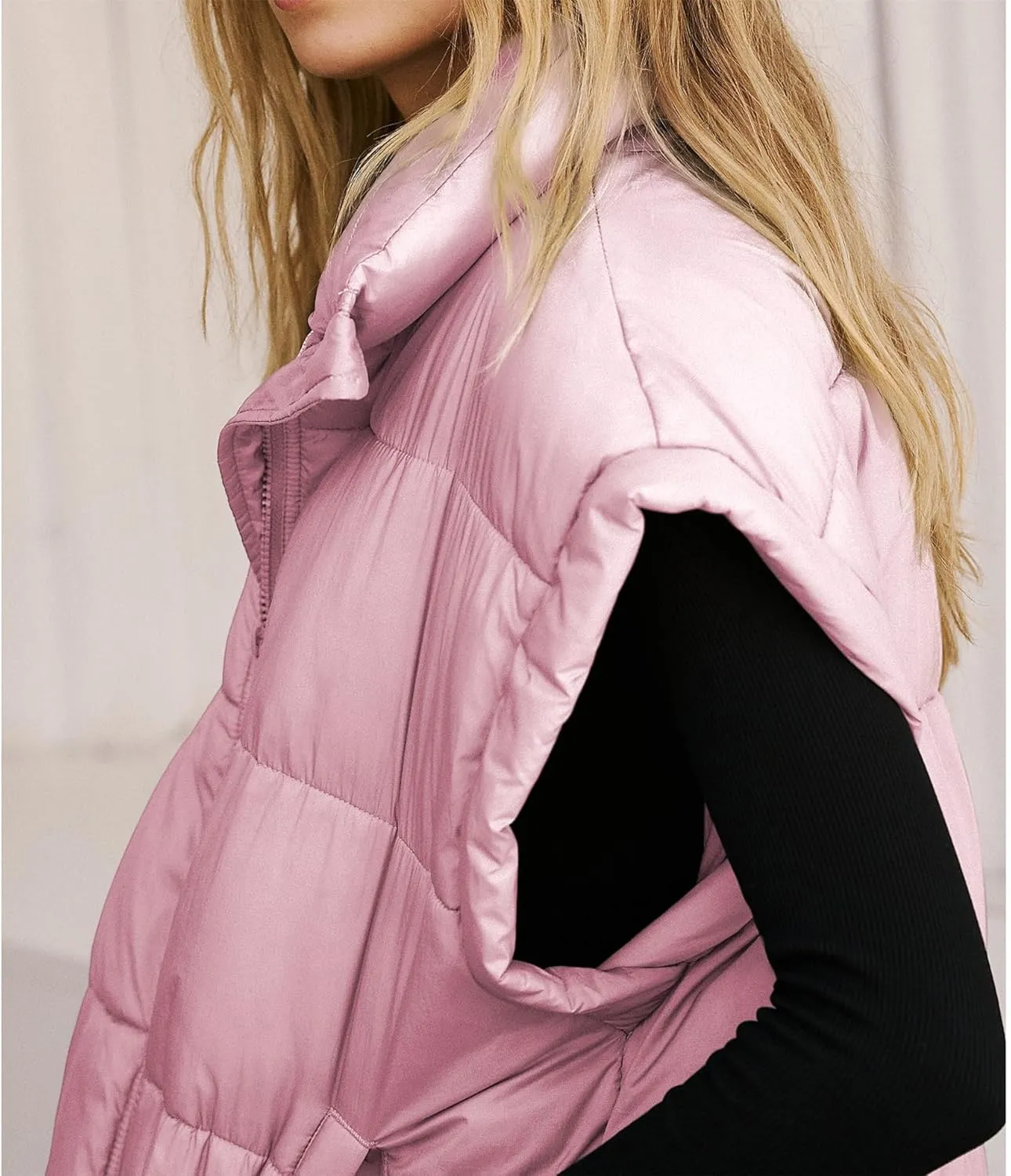 Songling Womens Oversized Puffer Vest Stand Collar Full Zip Sleeveless Bubble Puffer Vest Quilted Padded Warm Coat Outwear