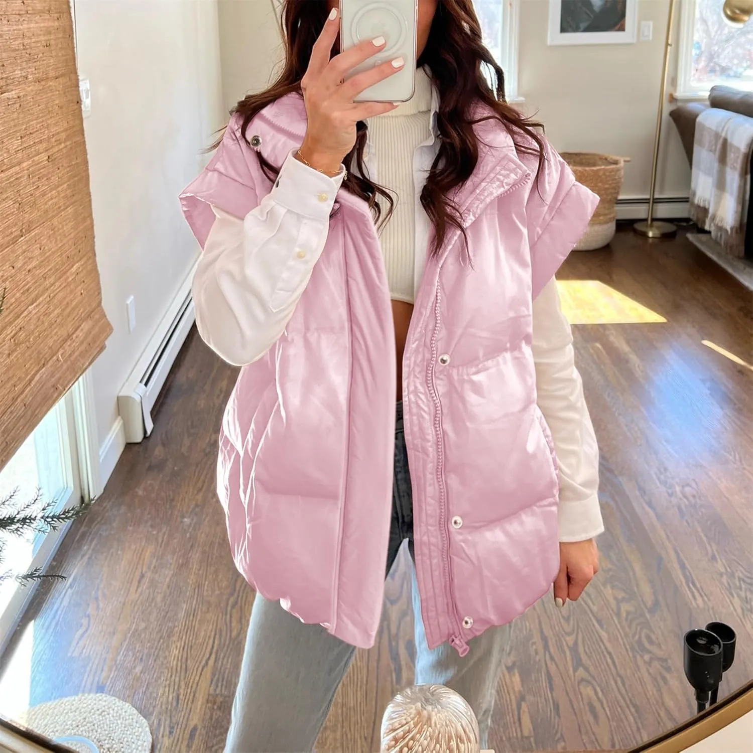 Songling Womens Oversized Puffer Vest Stand Collar Full Zip Sleeveless Bubble Puffer Vest Quilted Padded Warm Coat Outwear