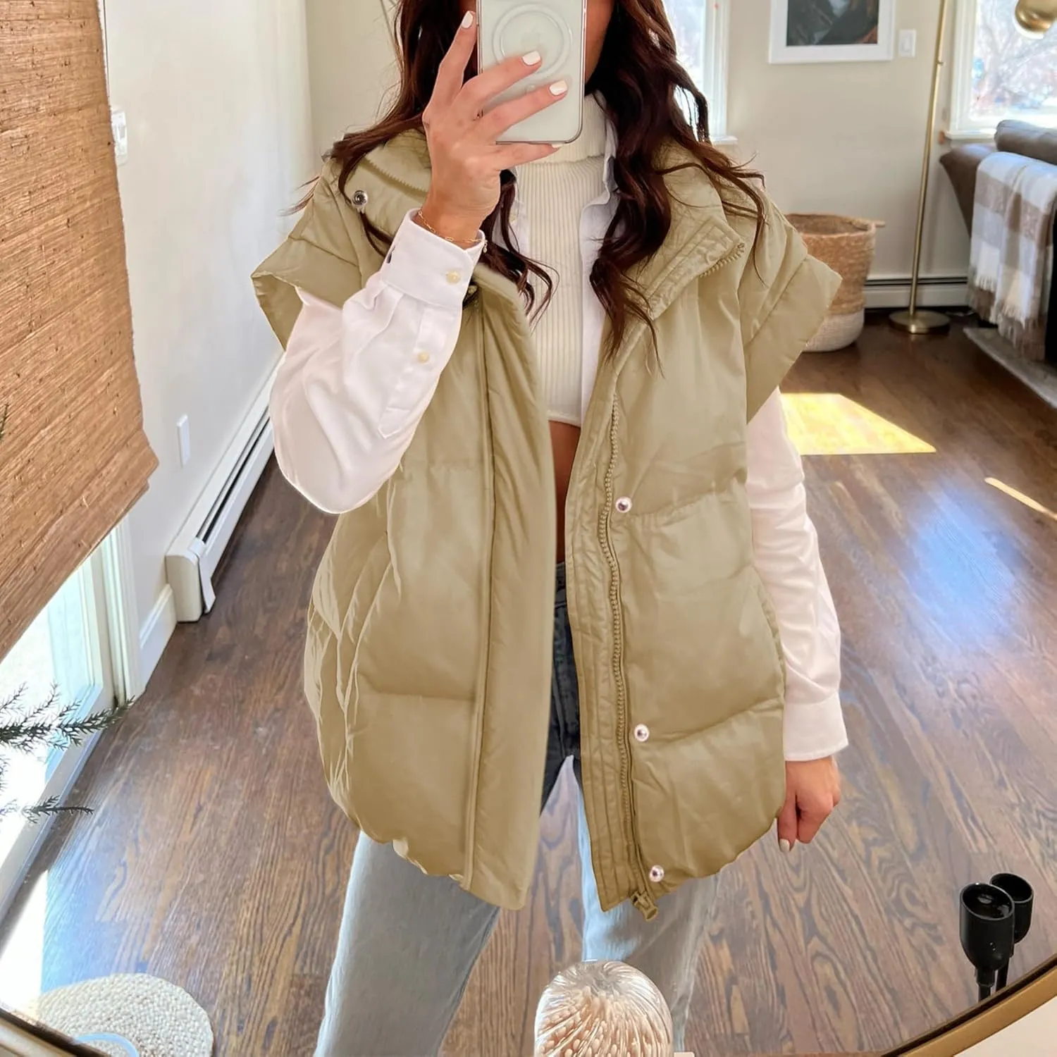 Songling Womens Oversized Puffer Vest Stand Collar Full Zip Sleeveless Bubble Puffer Vest Quilted Padded Warm Coat Outwear