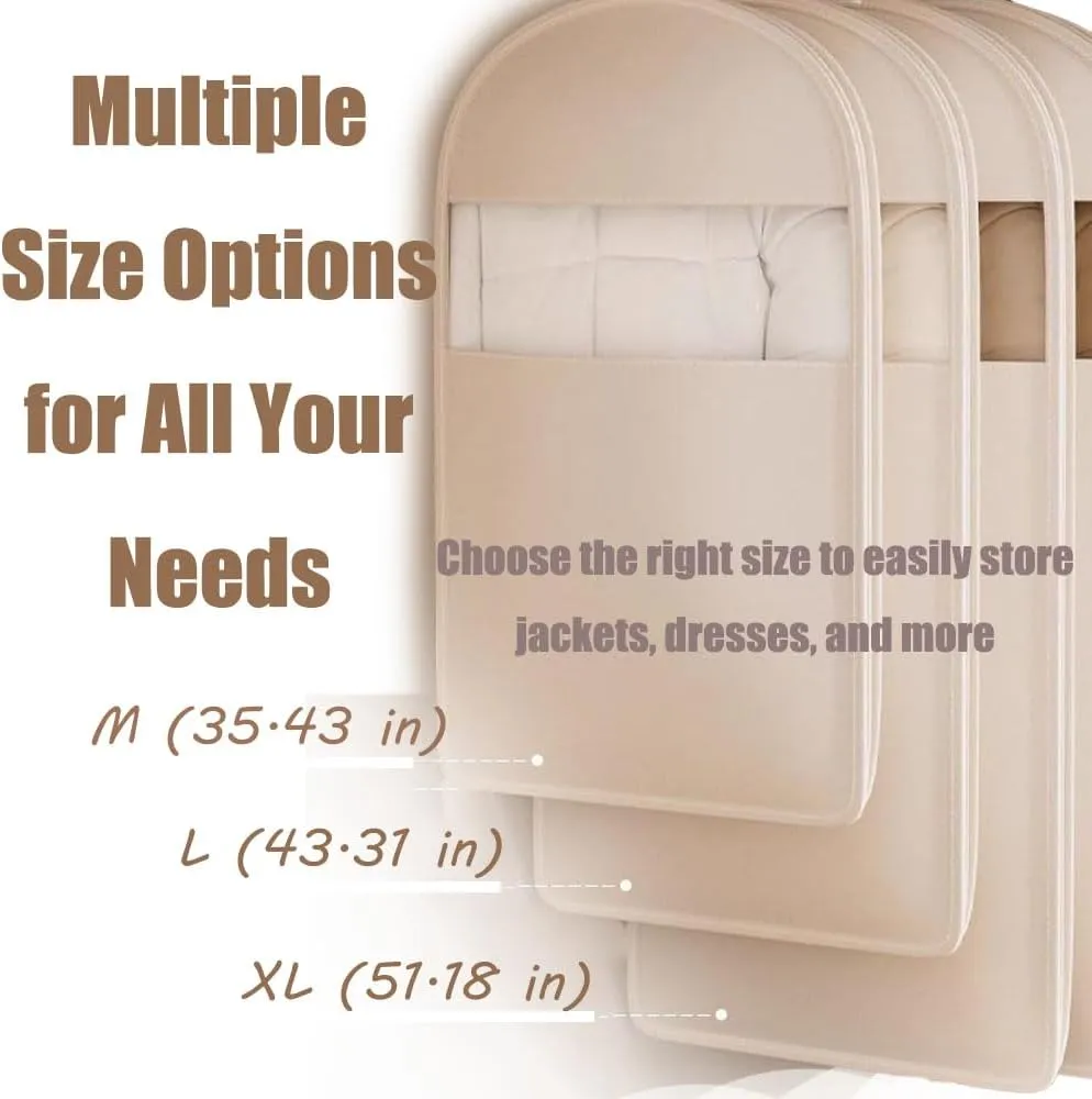 Space Saving Hanging Garment Bag with Self Compression Zipper, Down Coat Compression Dust Cover with Clear Window for Closet Storage for Jacket, Skirt, Shirt and Coat (Beige, M)