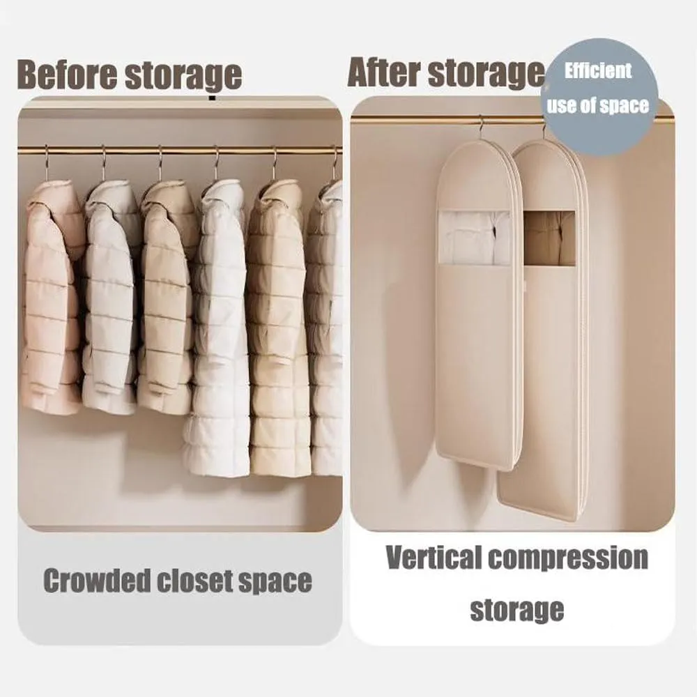 Space Saving Hanging Garment Bag with Self Compression Zipper, Down Coat Compression Dust Cover with Clear Window for Closet Storage for Jacket, Skirt, Shirt and Coat (Beige, M)